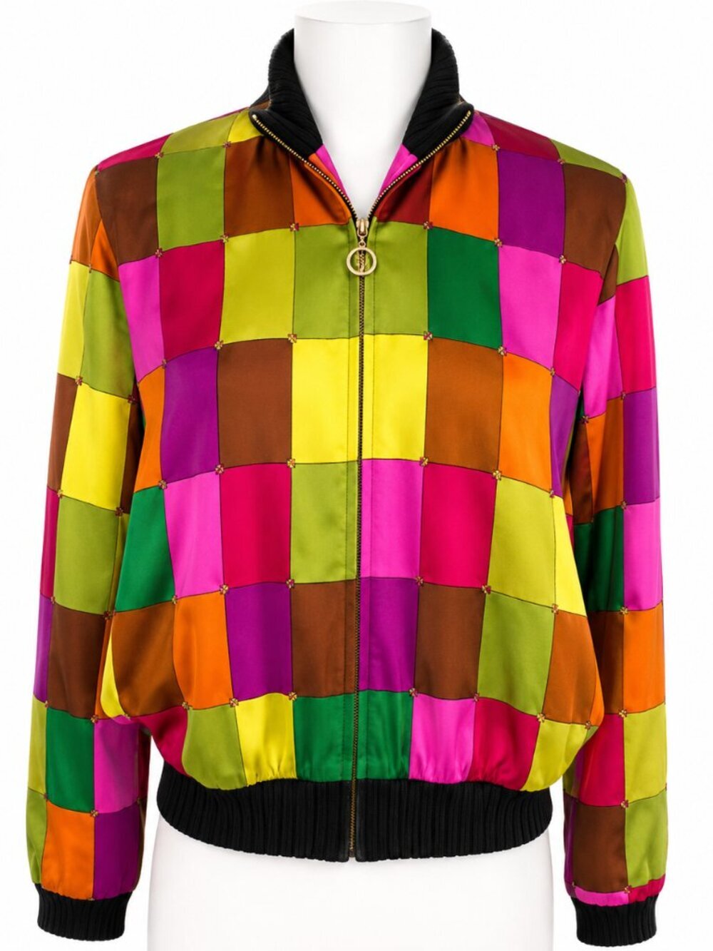 St John Sport Marie Gray 100% Silk Patchwork Colorblock Zip Jacket size P VTG